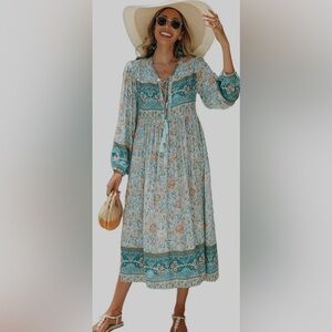 WDMYS- Blue and green Midi Sundress with Bishop Sleeves
